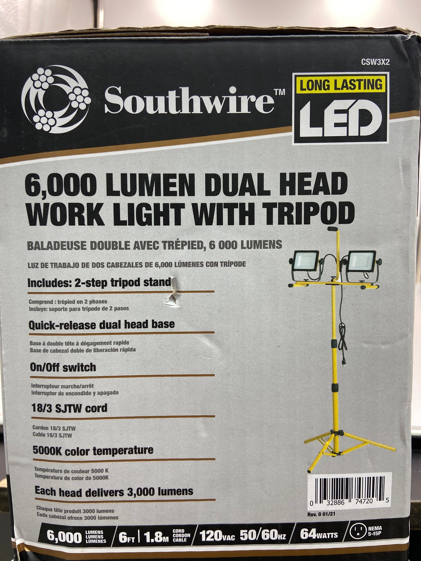 New Southwire 6FT 6,000 Lumen Dual Head Work Light With Tripod Work Light CSW3X2