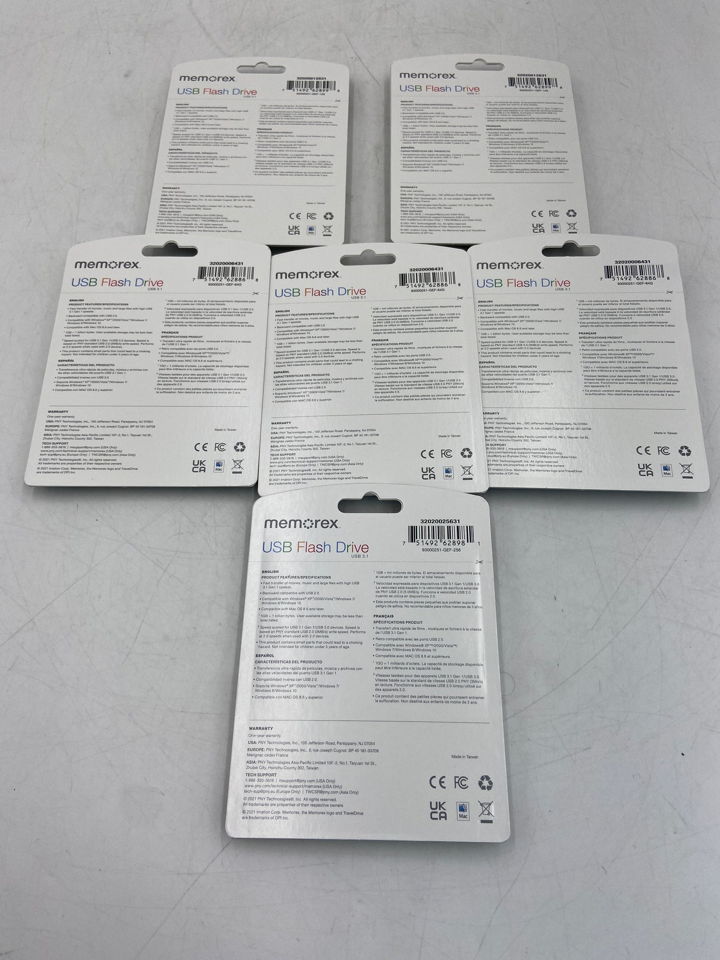 New LOT OF 6 FLASH DRIVES MEMOREX 64GB (3), 128GB(2), 256GB(1) USB Flash Drive
