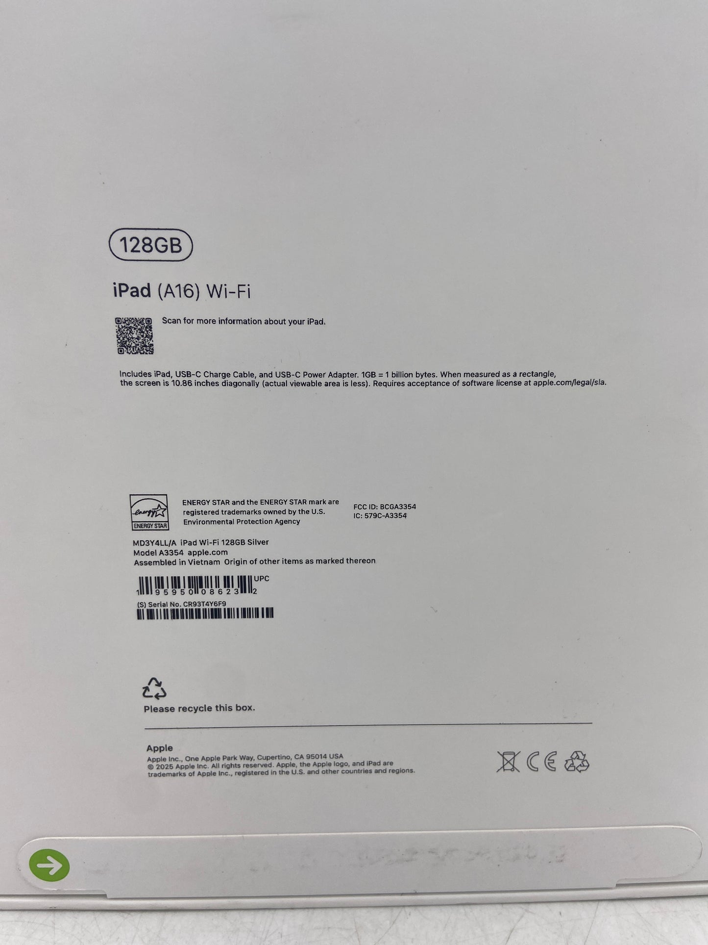New WiFi Only Apple iPad 11" (A16) 128GB Silver MD3Y4LL/A