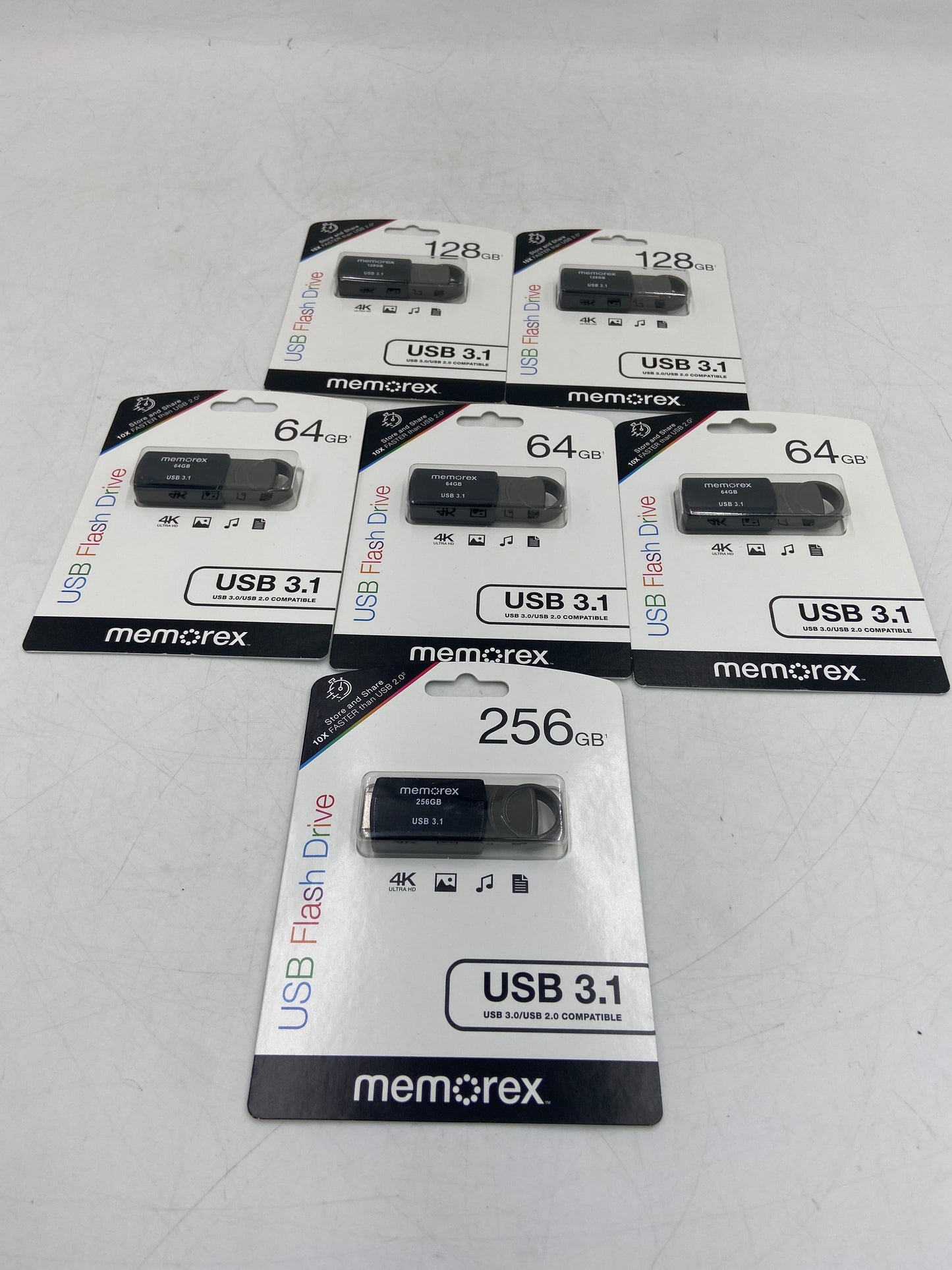 New LOT OF 6 FLASH DRIVES MEMOREX 64GB (3), 128GB(2), 256GB(1) USB Flash Drive