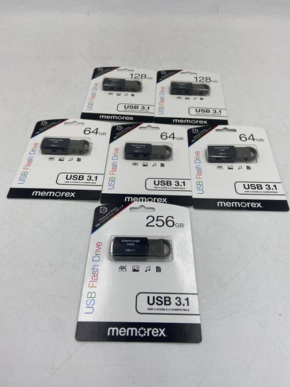 New LOT OF 6 FLASH DRIVES MEMOREX 64GB (3), 128GB(2), 256GB(1) USB Flash Drive
