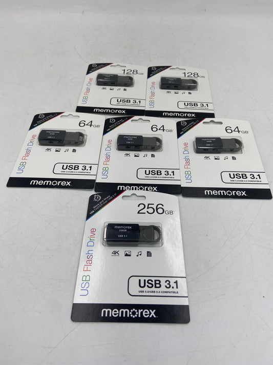New LOT OF 6 FLASH DRIVES MEMOREX 64GB (3), 128GB(2), 256GB(1) USB Flash Drive