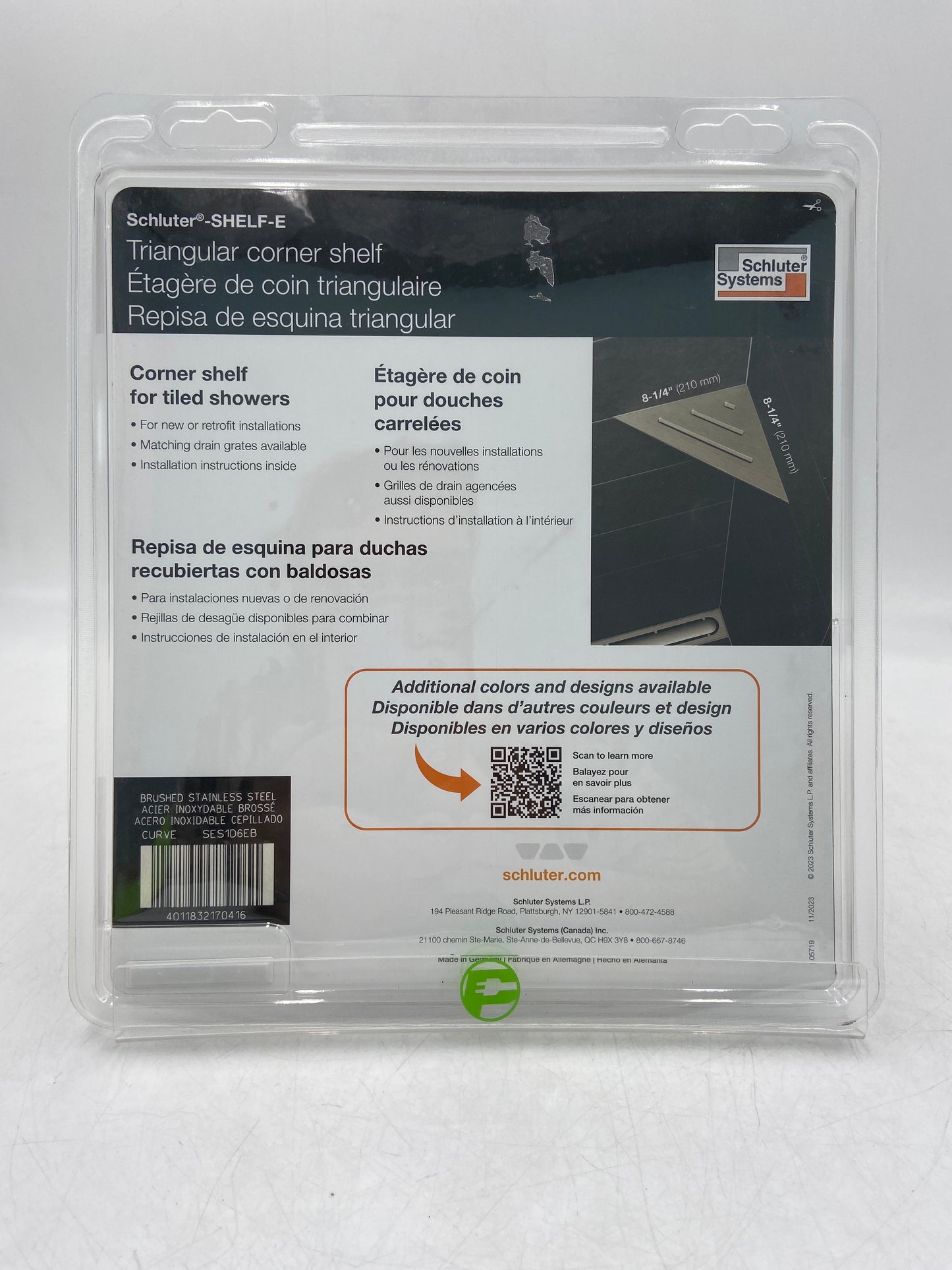 New Schluter Systems Triangular Brushed Stainless Steel Curve Corner Shelf for Tiled Shower SES1D6EB