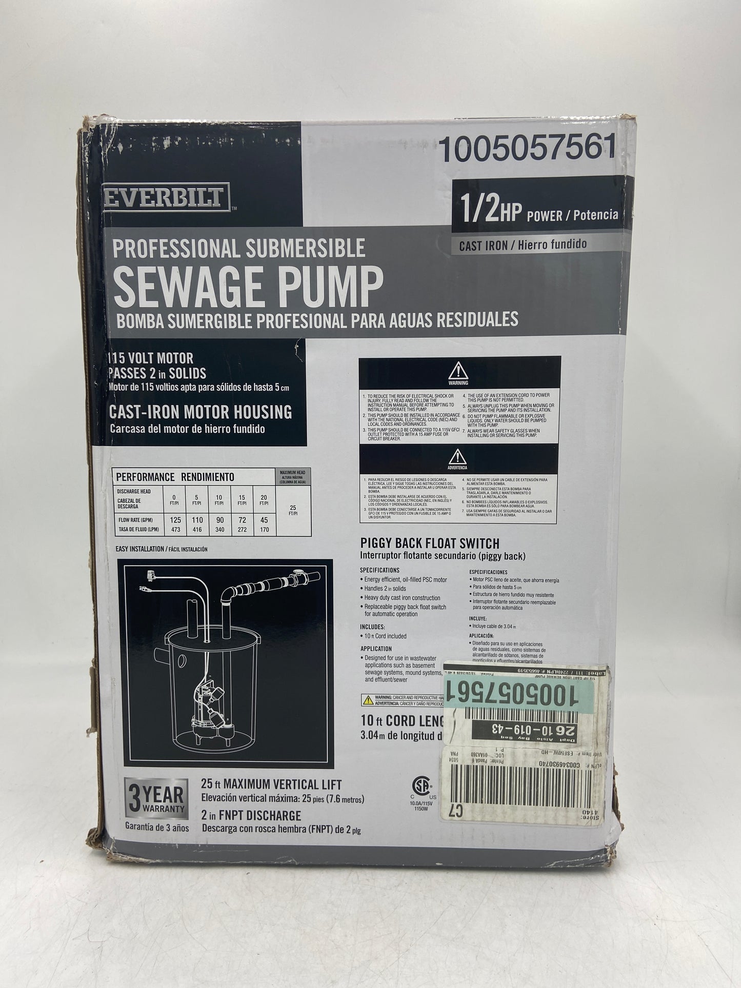 New Everbilt 1005057561 Professional Submersible Sewage Pump ESE50W-HD