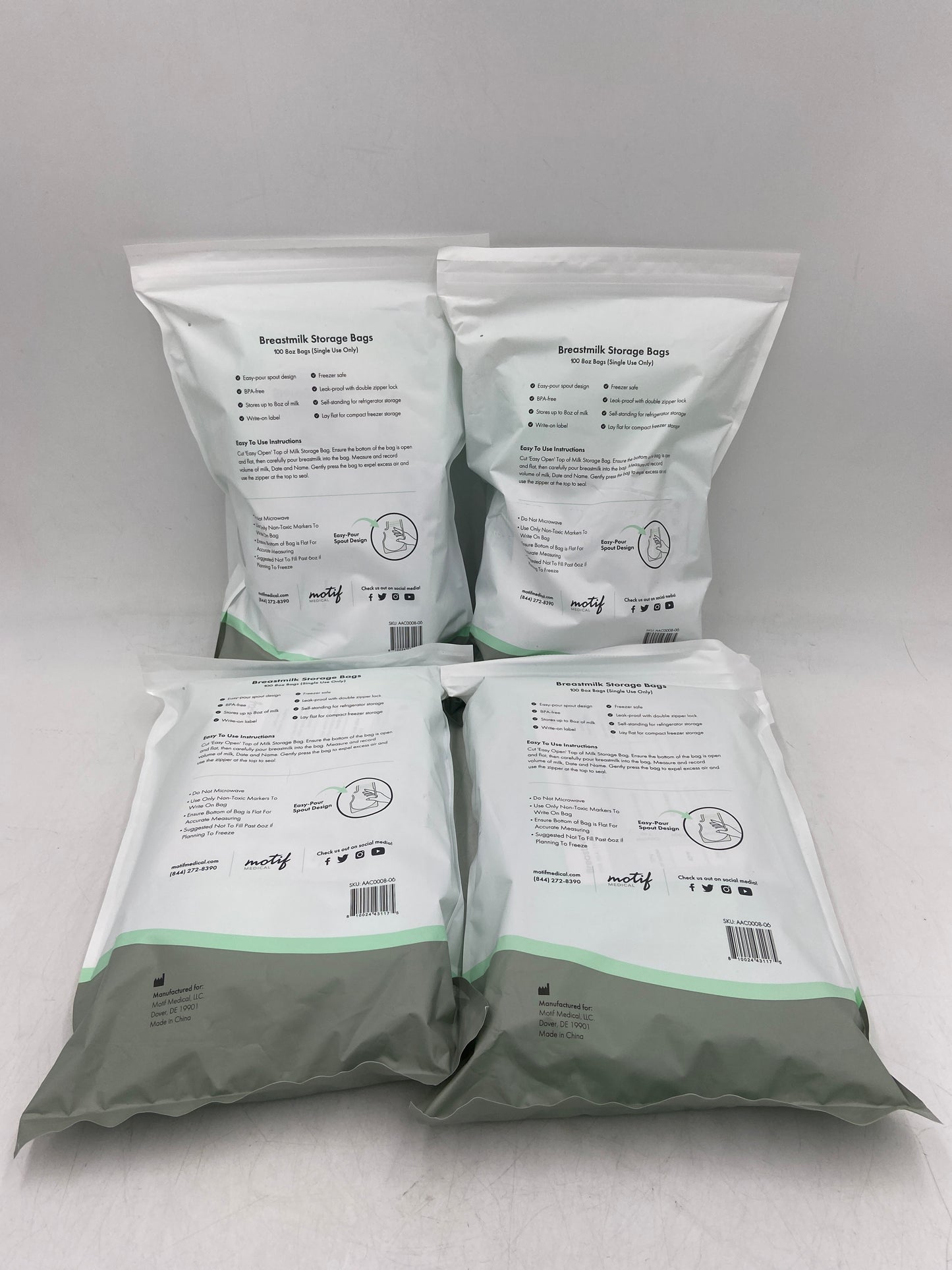 New Motif Medical LOT OF 4 Breast Milk Storage Bag 100 Count 8oz (400 Bags Total) AAC0008-06
