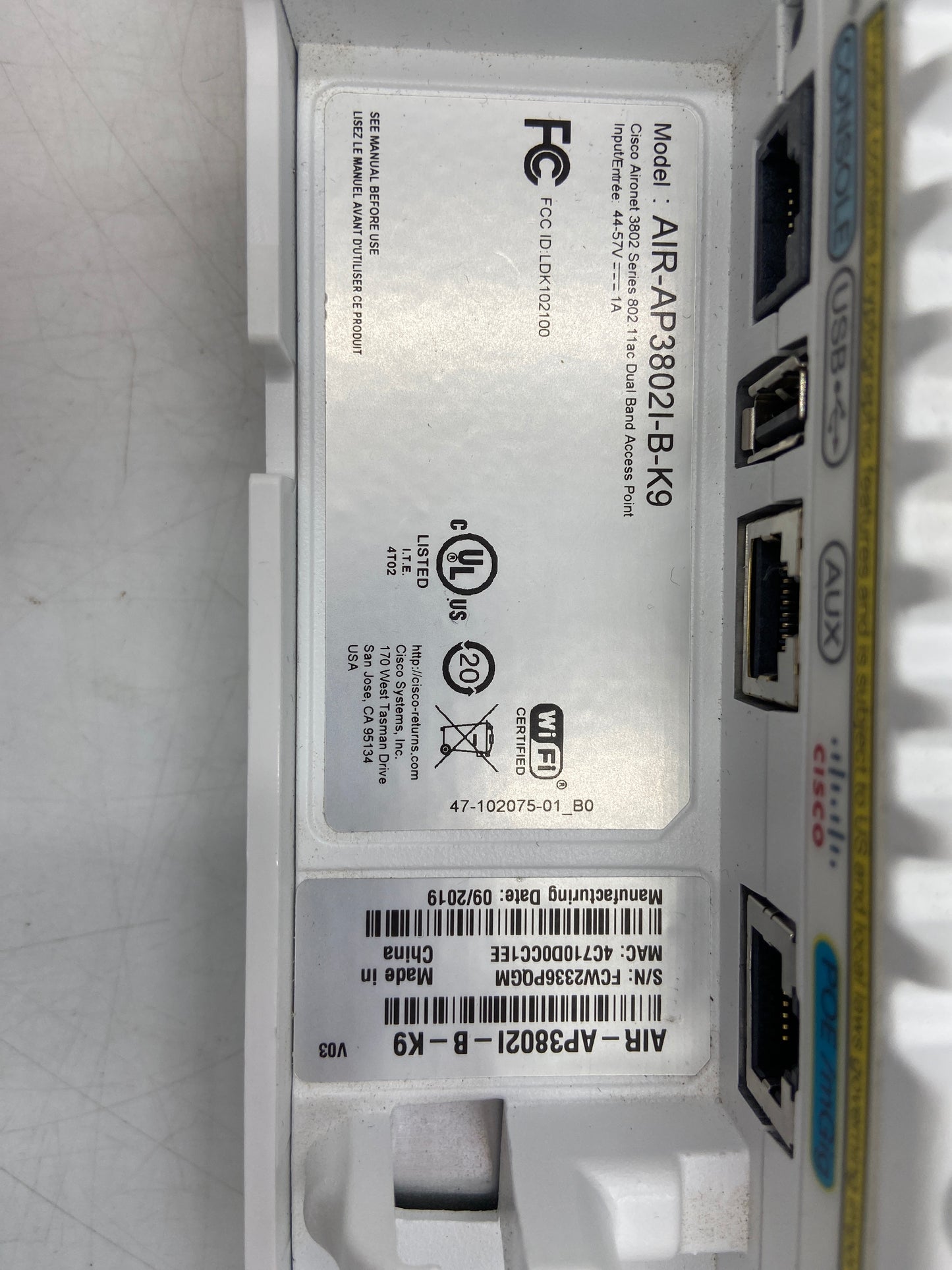 Cisco AIR-AP3802I-B-K9 Aironet 3802 5.2 Gbps Wireless Dual Band Access Point