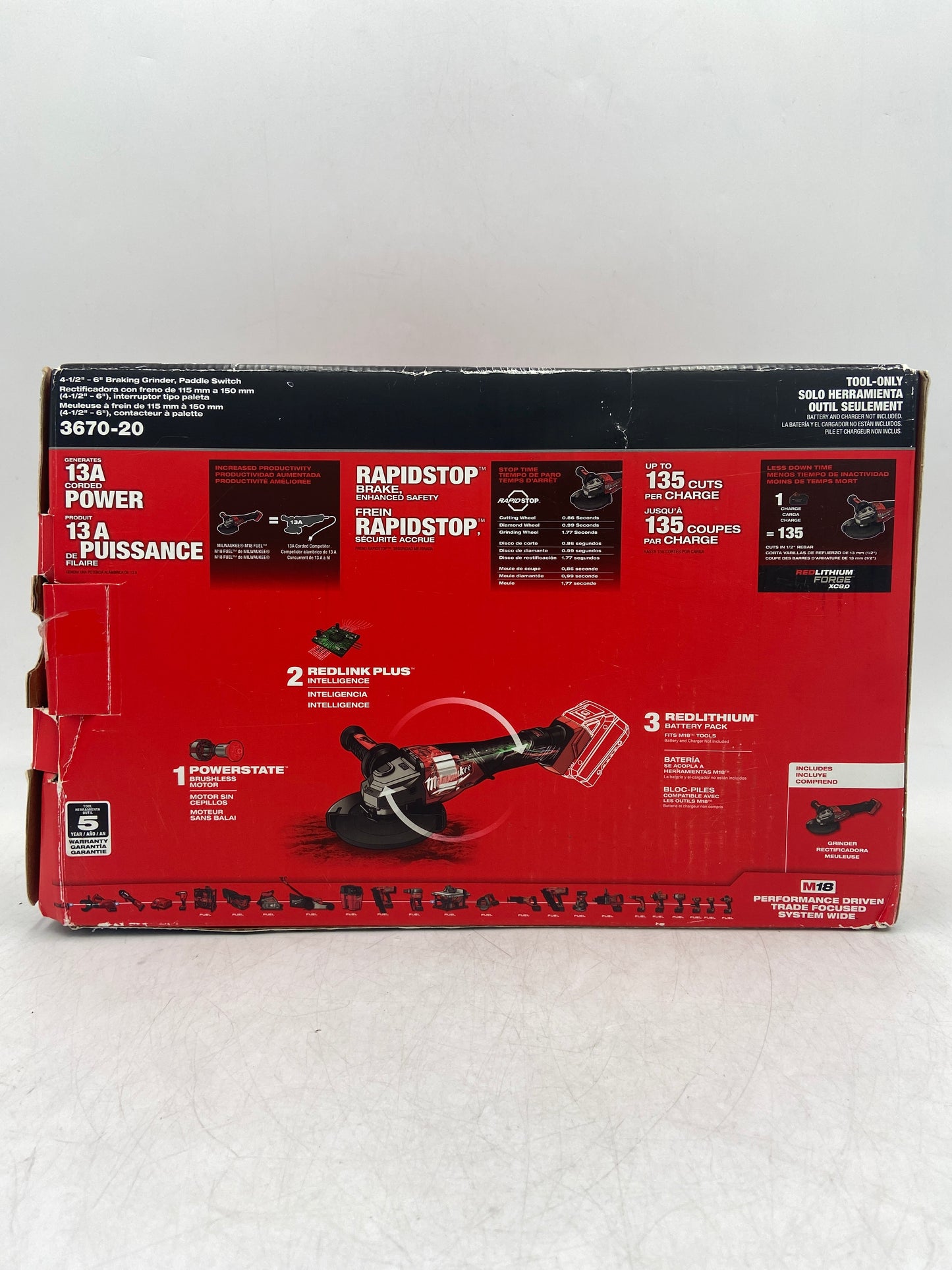 New Milwaukee 3670-20 M18 18V 4-1/2"-6" Braking Grinder, Paddle Switch Power Tool Only