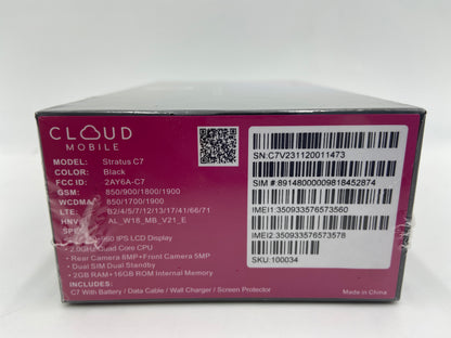 New Factory Unlocked Cloud Mobile Stratus C7 16GB Black 2AY6A-C7 Wi-Fi & LTE Android Smart Phone Sealed