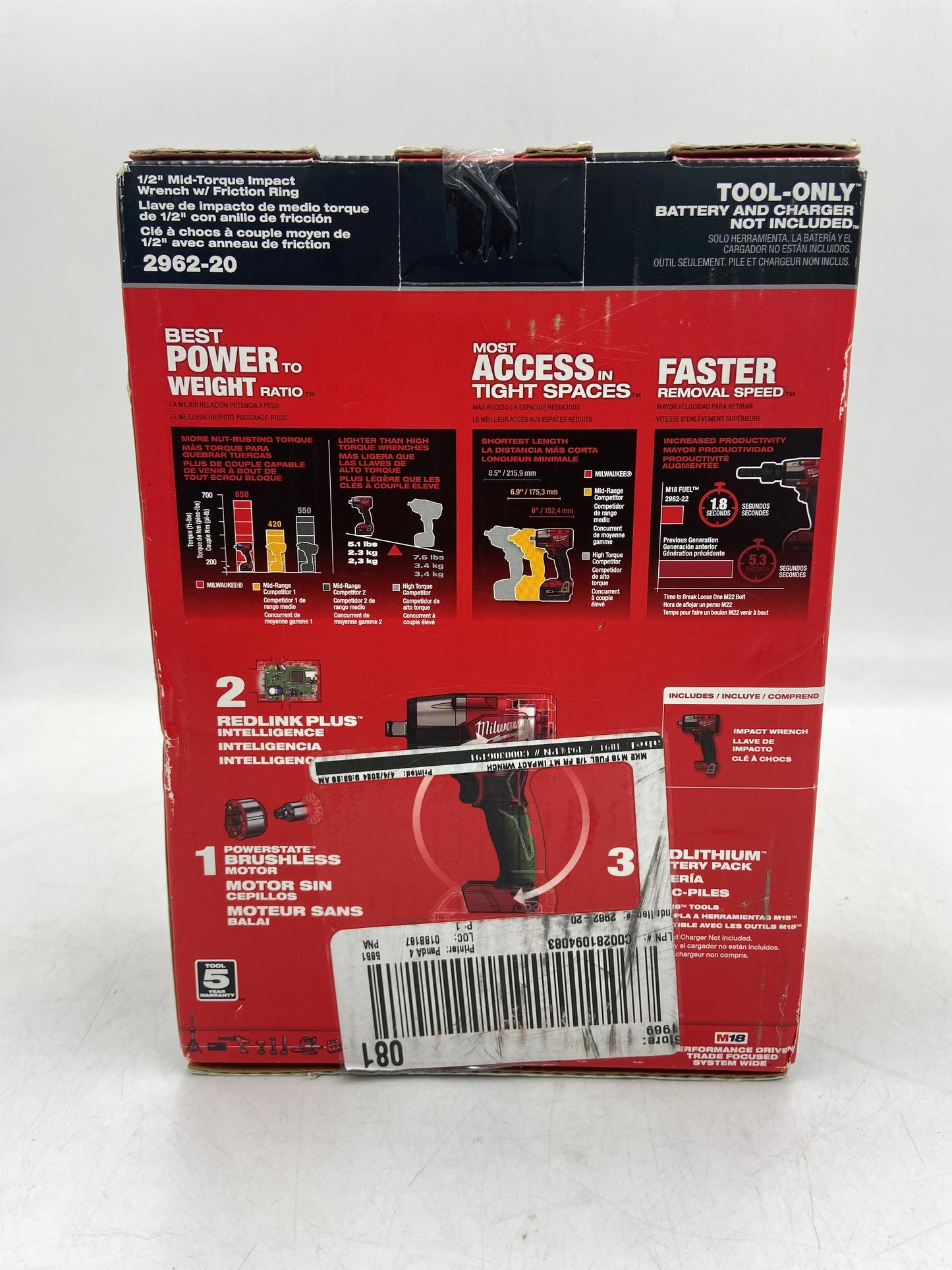 New Milwaukee 2962-20 M18 18V 1/2" Impact Wrench
