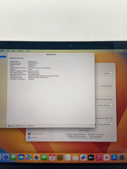 2020 Apple MacBook Air 13.3" M1 7C GPU 3.2GHz 8GB RAM 256GB SSD A2337