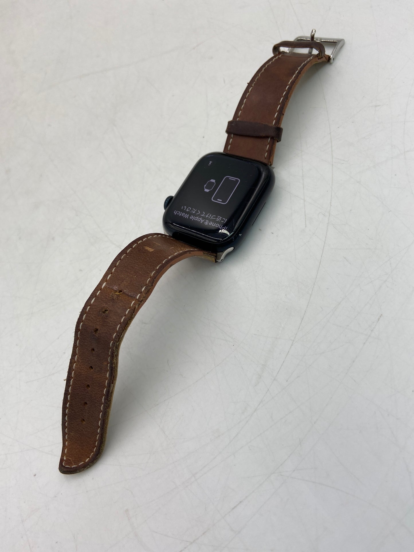 GPS Only Apple Watch Series 8 41MM Midnight Aluminum Brown Leather Band A2271