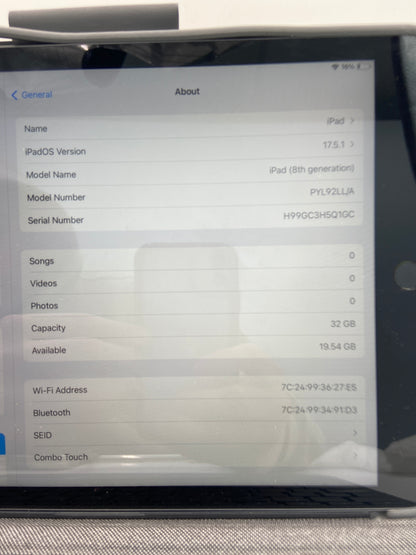 WiFi Only Apple iPad 8th Gen 32GB Space Gray PYL92LL/A
