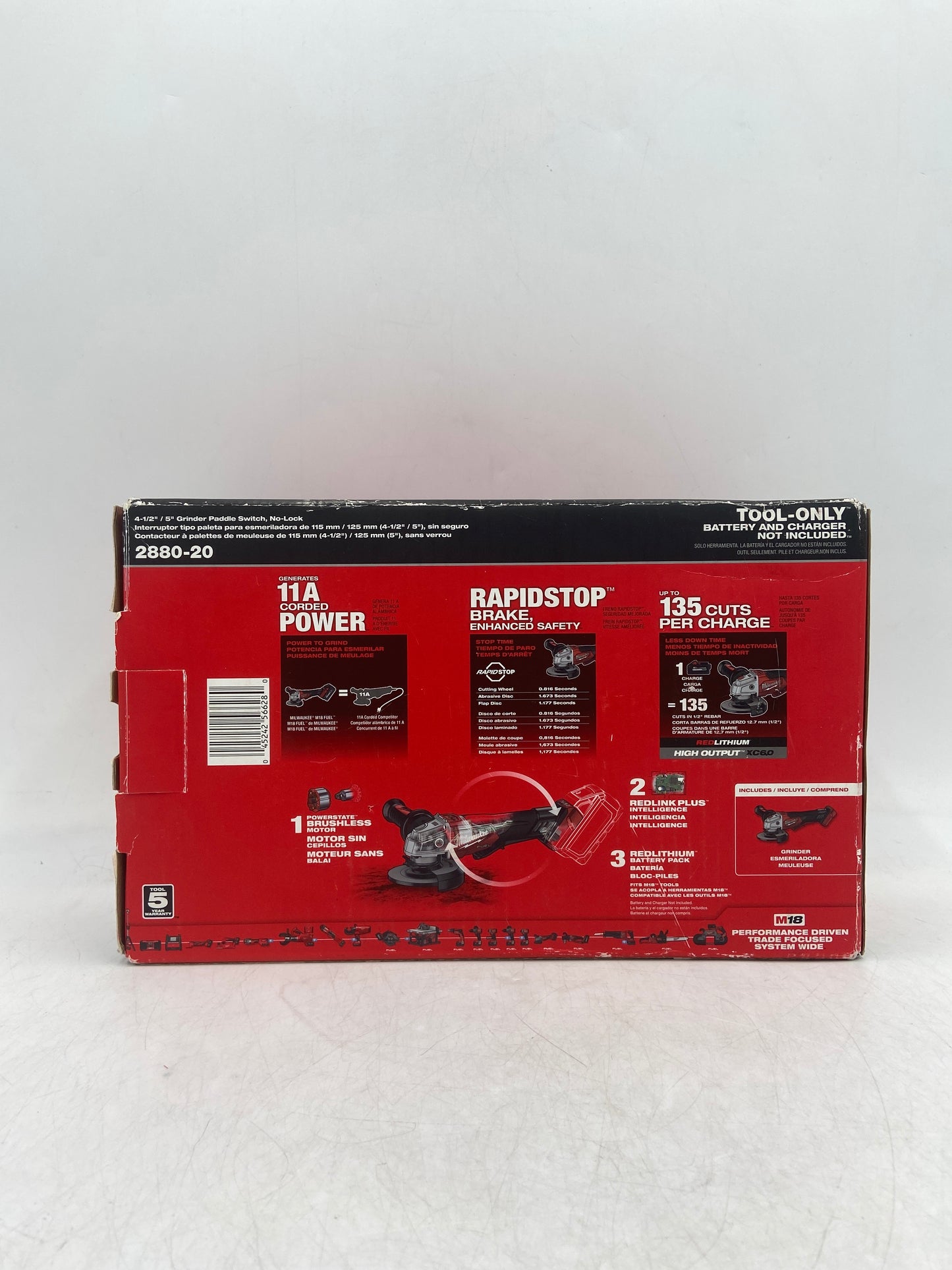 New Milwaukee 2880-20 M18 18V FUEL Cordless 4-1/2"/ 5" Grinder