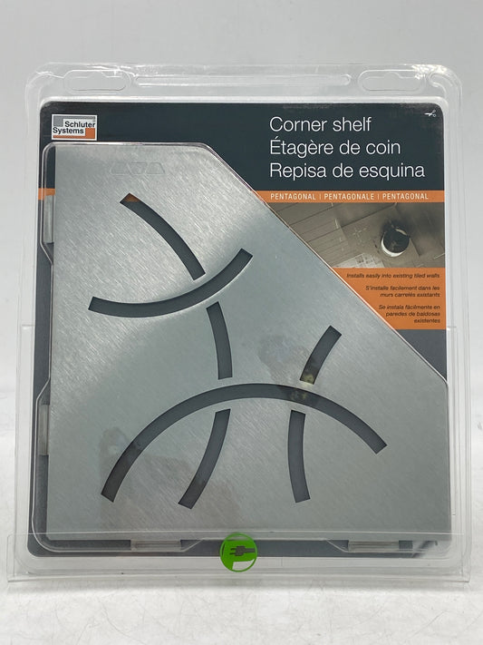 New Schluter Systems Brushed Stainless Steel Pentagonal Curved Corner Shelf for Tile Walls SES2D6EB