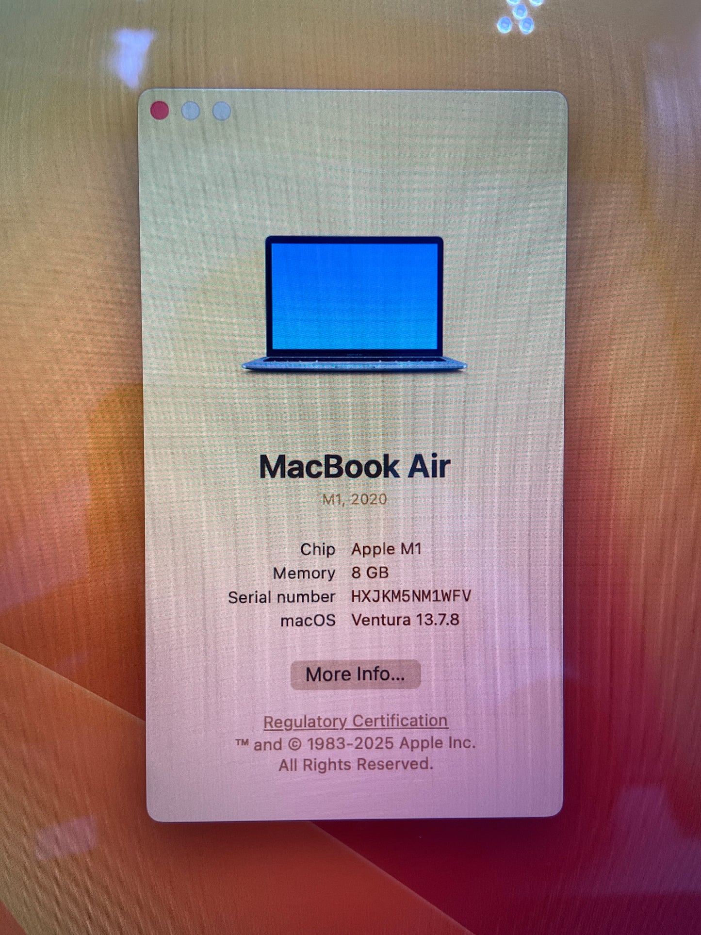 2020 Apple MacBook Air 13.3" M1 7C GPU 3.2GHz 8GB RAM 256GB SSD A2337
