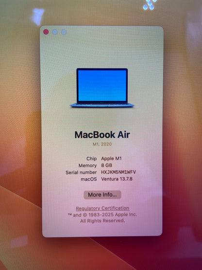 2020 Apple MacBook Air 13.3" M1 7C GPU 3.2GHz 8GB RAM 256GB SSD A2337
