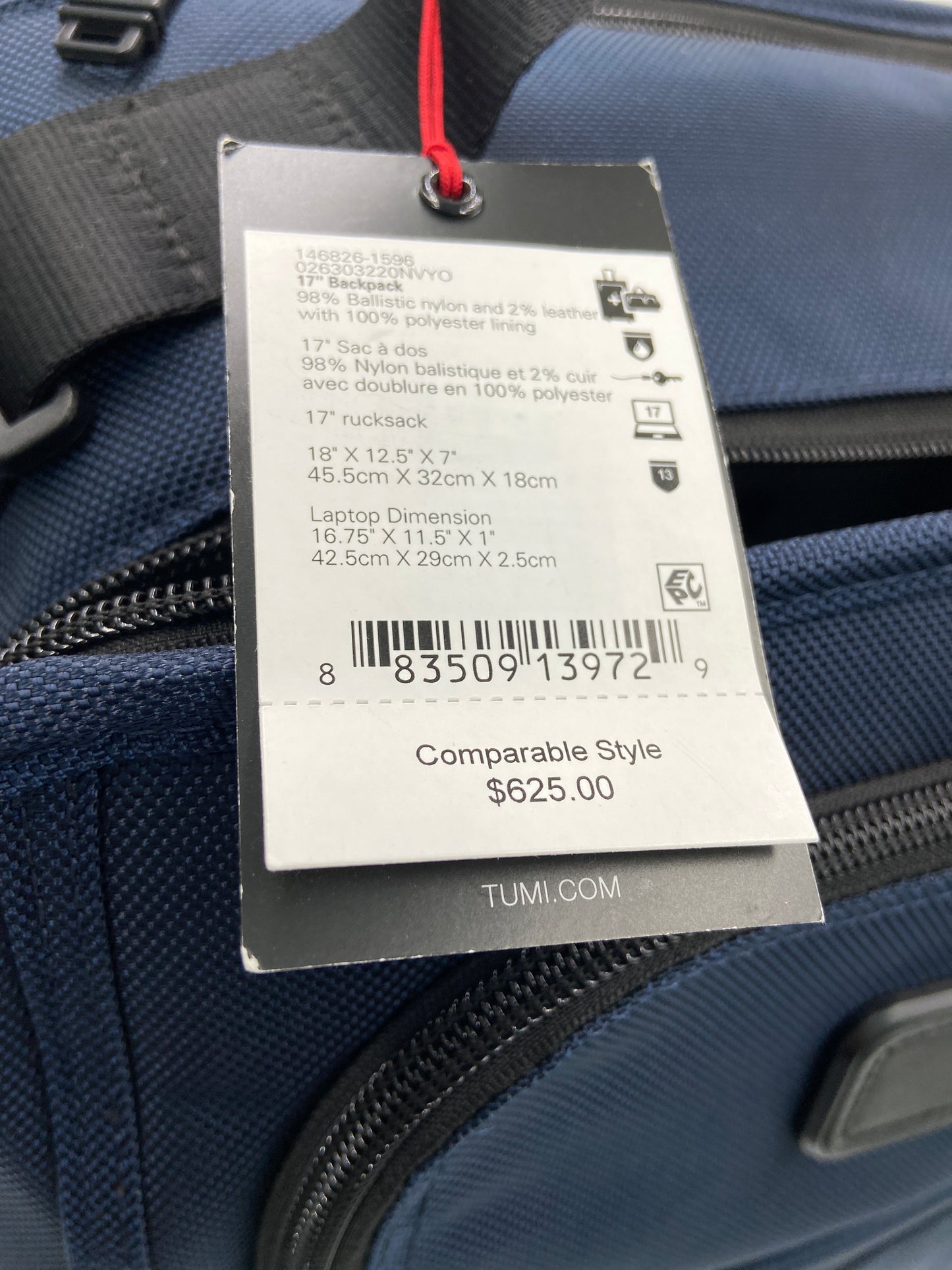 New Tumi 17" Backpack Ballistic Nylon & Leather Navy Backpack 146826-1596