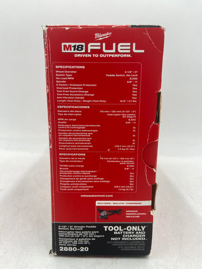 New Milwaukee 2880-20 M18 18V FUEL Cordless 4-1/2"/ 5" Grinder