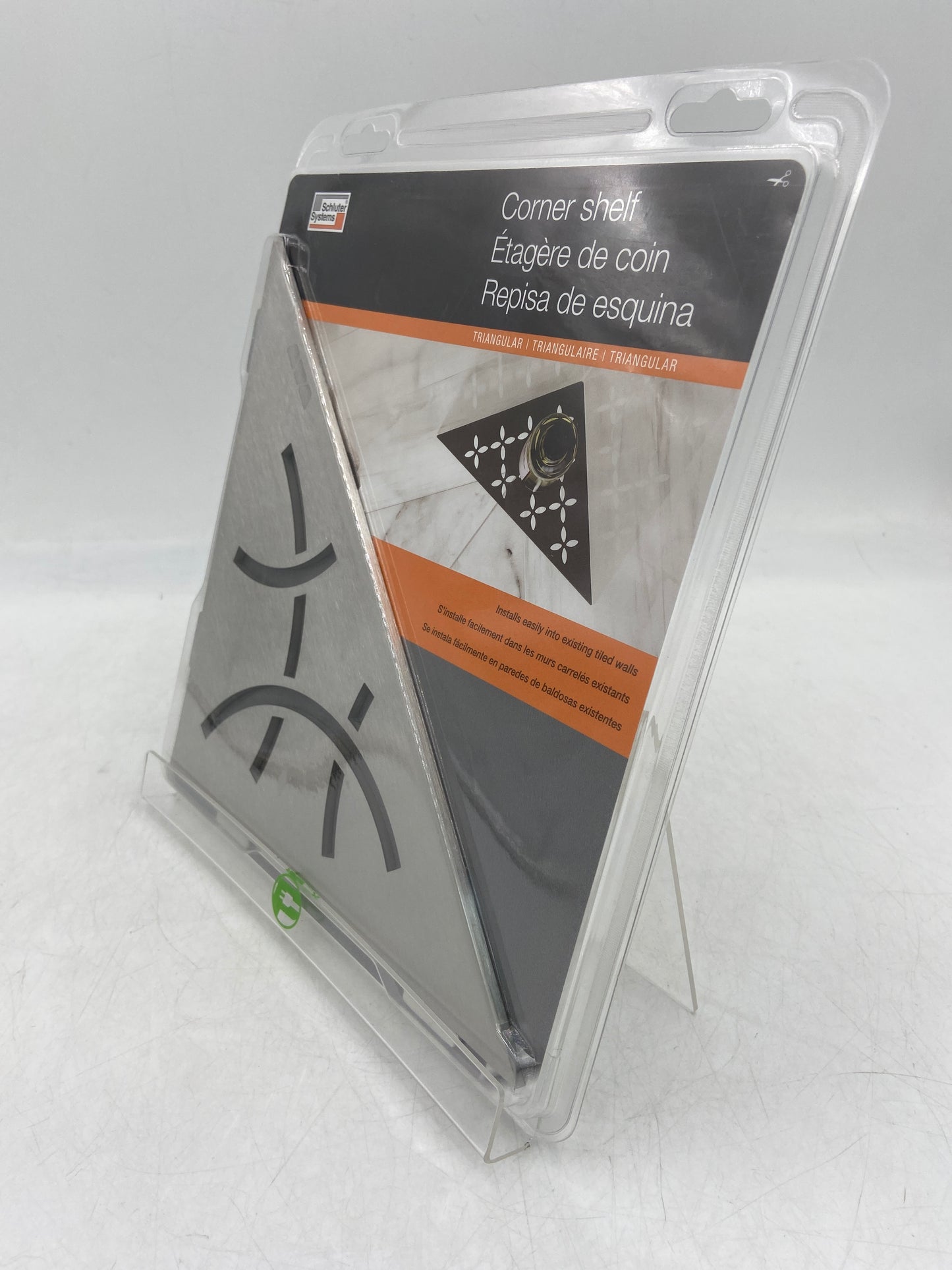New Schluter Systems Triangular Brushed Stainless Steel Curve Corner Shelf for Tiled Shower SES1D6EB