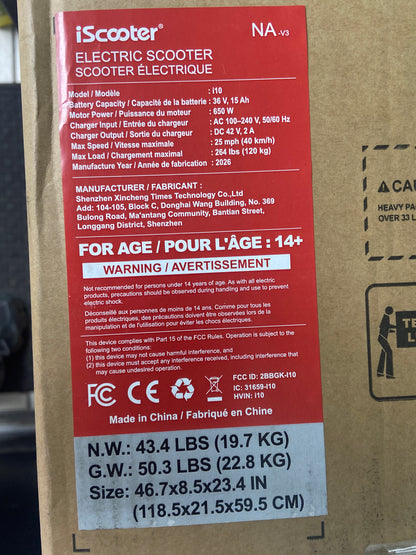 New iScooter i10 Commuter 650W  Electric Scooter US-I10-25Q1-BL