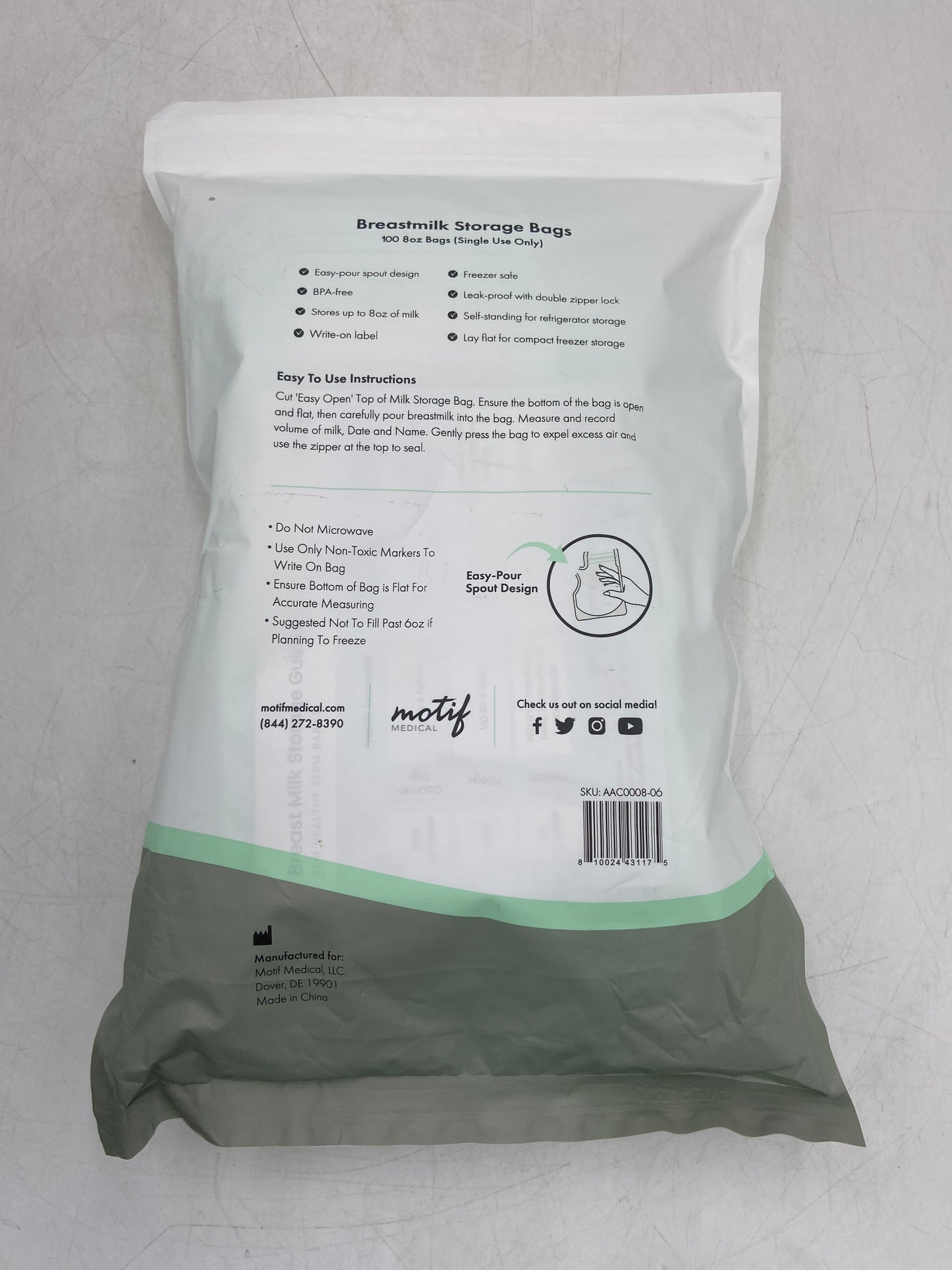 New Motif Medical LOT OF 4 Breast Milk Storage Bag 100 Count 8oz (400 Bags Total) AAC0008-06