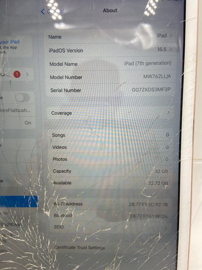 Broken WiFi Only Apple iPad 7th Gen 32GB 16.5.1 MW762LL/A