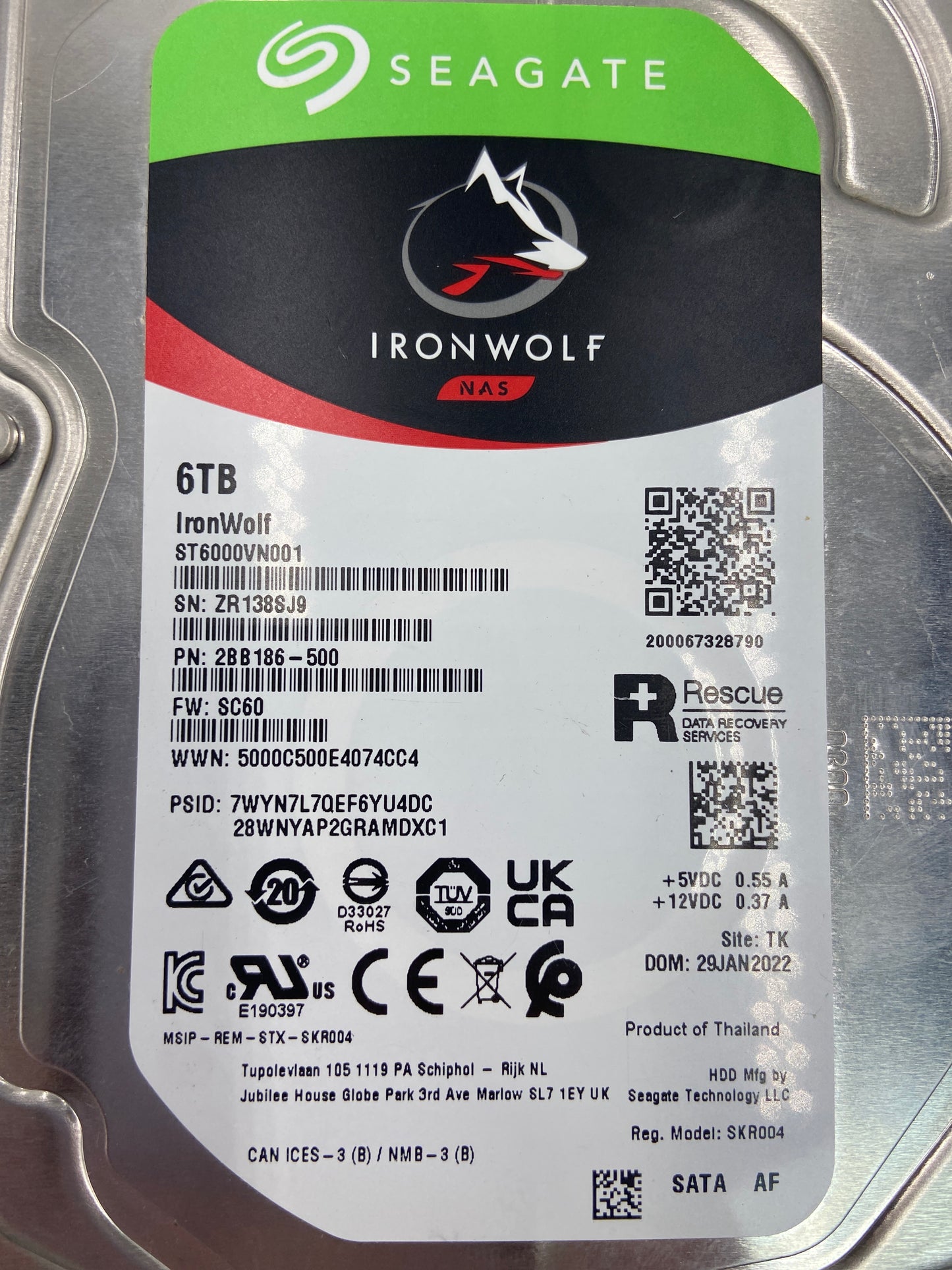 Seagate 3.5" ironwolf 6TB SATA 6 Gb/s (SATA III) HDD SKR004 Internal Hard Drive HDD