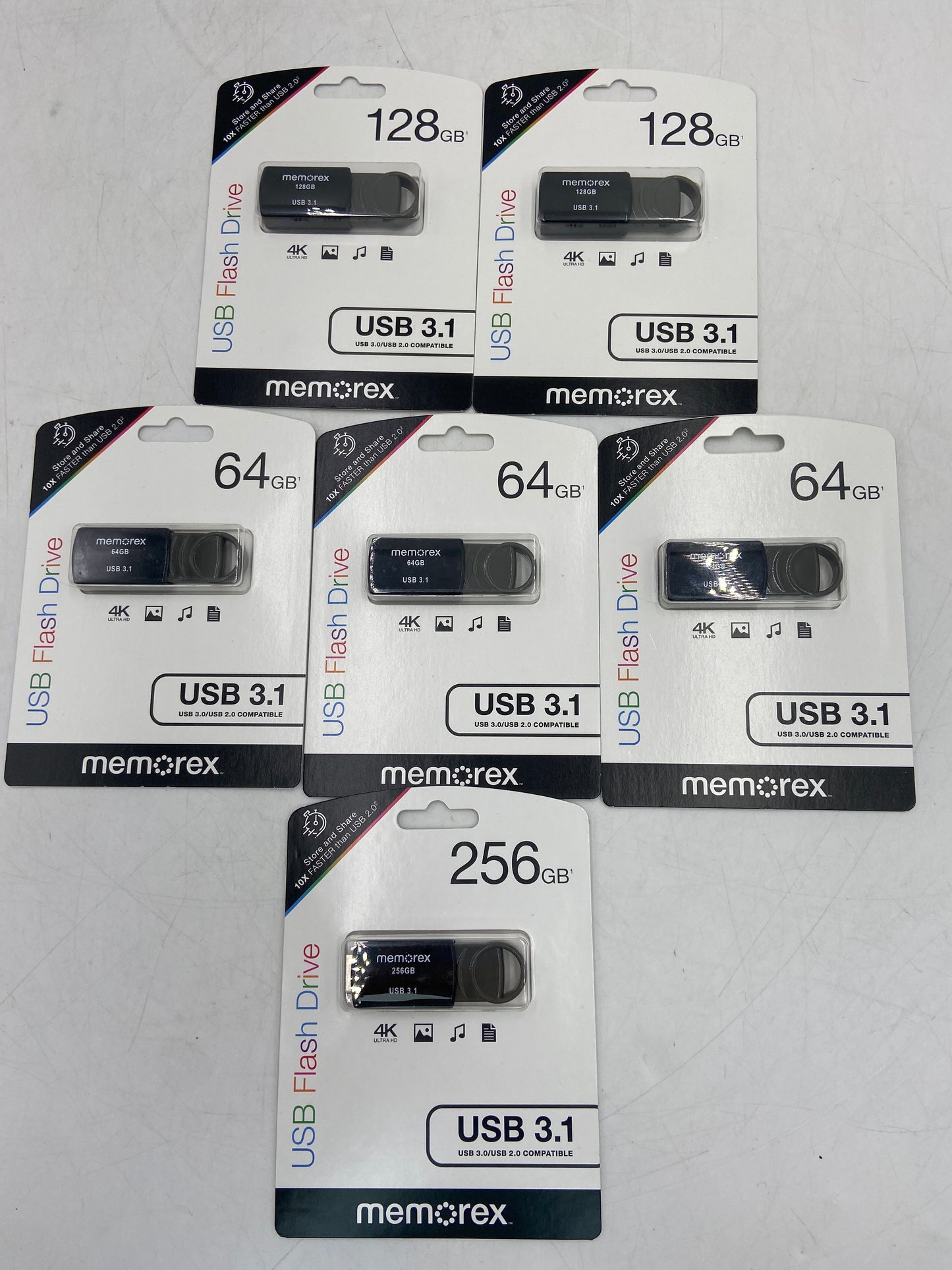 New LOT OF 6 FLASH DRIVES MEMOREX 64GB (3), 128GB(2), 256GB(1) USB Flash Drive