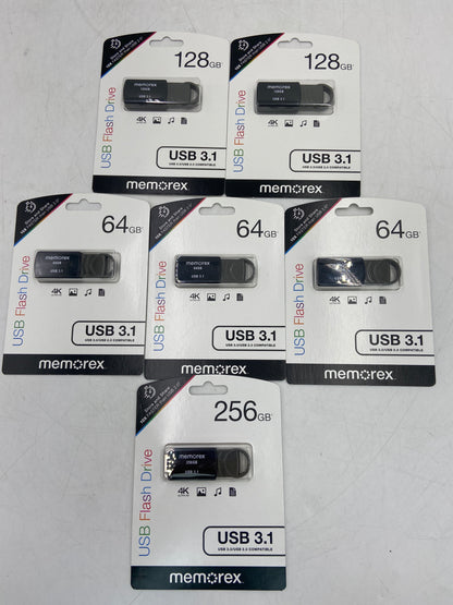 New LOT OF 6 FLASH DRIVES MEMOREX 64GB (3), 128GB(2), 256GB(1) USB Flash Drive