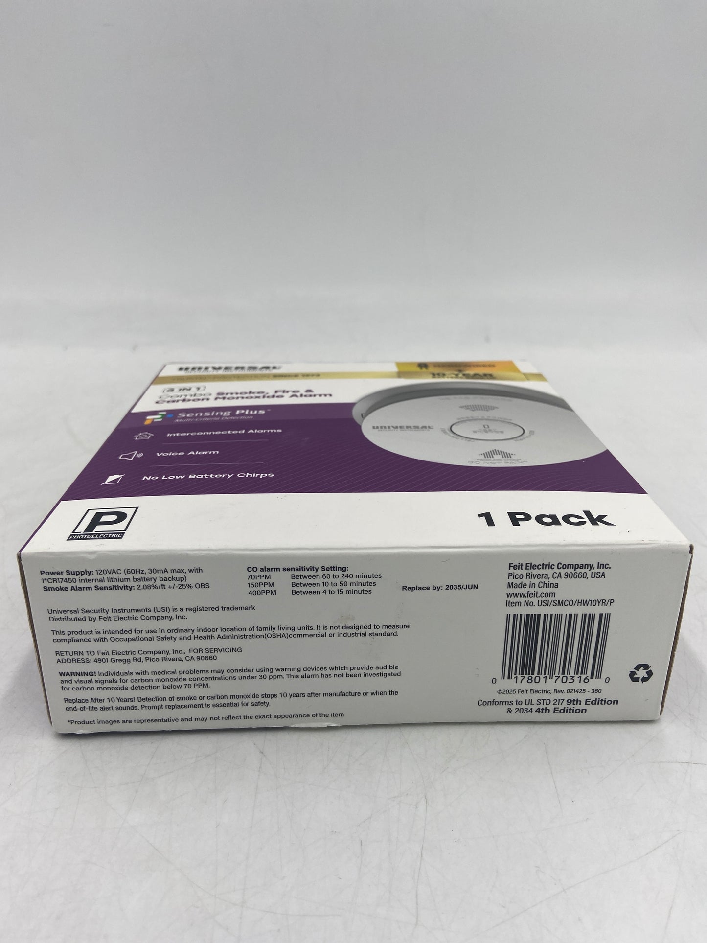 New Universal Security Instruments 3-in-1 Combo Smoke, Fire, & Carbon Monoxide